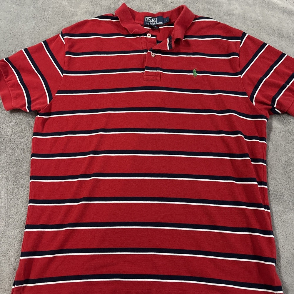 Polo Ralph Lauren Polo Shirt Men's Large Red Blue White Stripe Cotton Pony #051